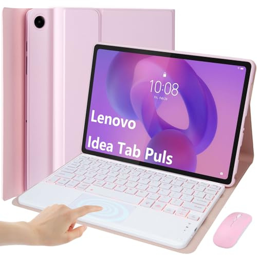 EHLCYS Keyboard Case for Lenovo Idea Tab Plus 12.1-inch/Tab K12 2025 Model (TB361ZU/TB361FU), 7-Color Backlit Detachable Touchpad Bluetooth Keyboard, Ultra-Thin Cover with Mouse,Rosa