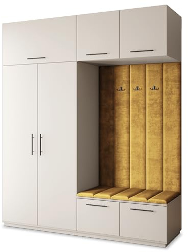 Masseno Flugarderoben Set Rema, Kleiderschrank-Set mit Sitzbank, Garderobenschrank Flur mit 5 Regalböden, Kaschmir