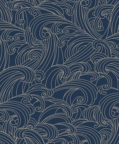 Hexoa Papier Peint Vagues japonaises Bleu Nuit et Or - Made in France - 53x1000