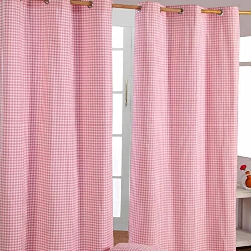 Homescapes handgewobener Vorhang Ösenvorhang Dekoschal Gingham im 2er Set, 137 x 228 cm, 100% Reine Baumwolle, rosa weiß kariert