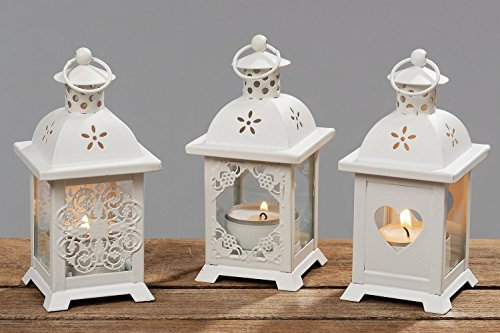 Windlicht Laterne weiß Glas Metall H 14 cm Herz Blüte Raute Stückpreis