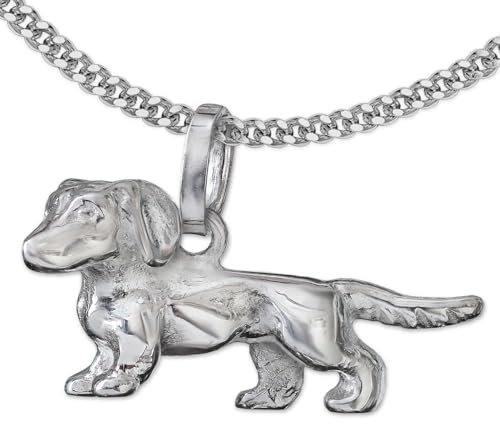 CLEVER SCHMUCK Dackel Hund Halskette Anhänger kleiner Dackel glänzend und Kette Panzer 45 cm 925 Sterling Silber im Schmucketui anthrazit