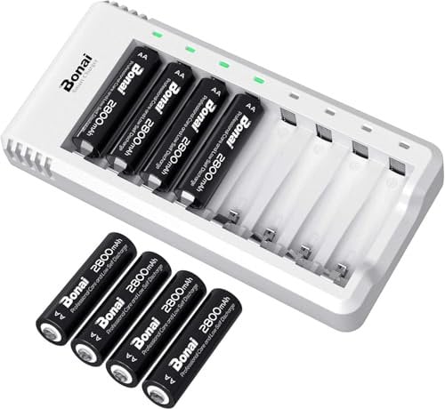 BONAI Batterie Ricaricabili AA Alta Capacità 2800mAh 8 Pezzi Pile Ricaricabili Stilo Ni-MH con Caricatore 8 Slot Intelligente LED Caricabatterie Ricarica Rapida USB