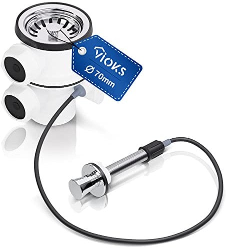 VIOKS Küche Ablaufgarnitur Spüle mit Excenter Siebkorbventil 70mm 1 1/2 Zoll - Spüle Abfluss Set mit Siebkorbventil Verschließbar mit Bowdenzug