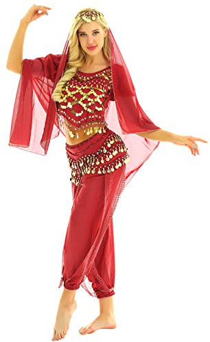 Freebily Adulte Costume de Danse du Ventre Femme Vêtement Danse Orientale Indienne Danseuse Haut Pantalon Tenus Latine Rumba Samba Carnaval Fête Dancewear