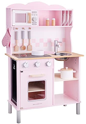 New Classic Toys Age 3+ 11067 Wooden Pretend Toy Kitchen for 3Y+, for Kids Included Accessoires-Comes with Electric Cooking Plate-Makes Sound, Pink