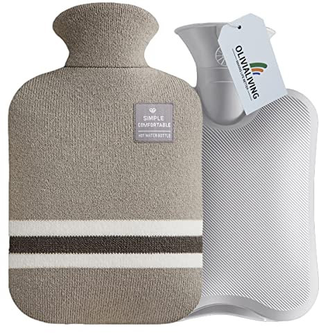 OliviaLiving Wärmflasche mit klassisch gestreiftem Bezug, 2L Wärmbeutel für Menstruationskrämpfe, Nacken- und Schulterschmerzlinderung, Wärme- und Kältetherapien, Handfußwärmer (Hellgrau)