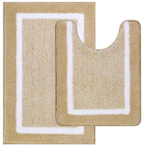 Pauwer Set di tappetini da bagno 2 pezzi Tappetini da bagno ultra morbidi Tappetino da bagno in microfibra antiscivolo e tappetino per WC a forma di U(50X80cm+50X60cm, Beige)