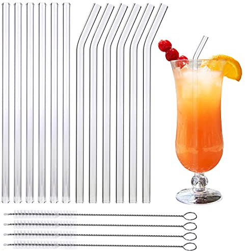 12st Glas Strohhalme Wiederverwendbar (215 * 10mm) Gerade und Gebogen mit 4 Strohhalm Bürsten, Glas Trinkhalme Glasstrohalme Spülmaschinenfest für Cocktail Gin