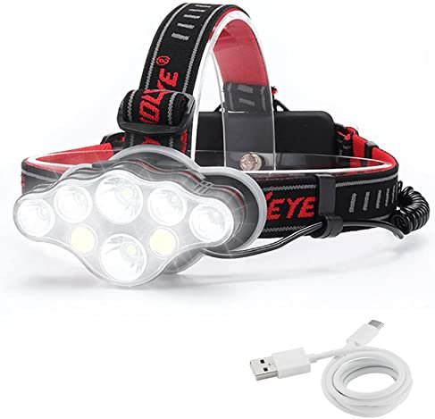 Rantizon Linterna frontal LED recargable superbrillante 18000 lúmenes 8 modos de iluminación LED linterna frontal linterna frontal para camping, pesca, ciclismo, senderismo, resistente al agua IPX4