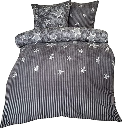 Leonado Vicenti 200x200 cm Warme Winter Bettwäsche Gestreift Sterne Grau Fleece gestreift modern Schlafzimmer Garnitur Set Bezug Decke