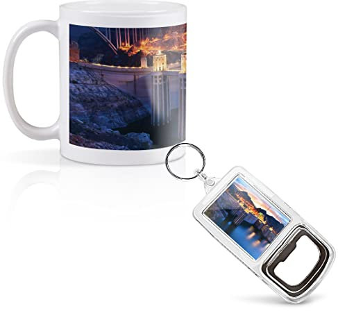 1 x 11oz (284ml) White Ceramic Mug Cup & 1 x Bottle Opener Keyring - Hoover Dam Nevada USA Design for Coffee Tea Drinks Kitchen Birthday Office #3355