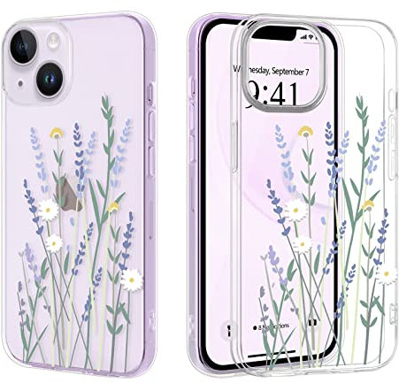 Clear Phone Case Compatible with iPhone 14 Plus Soft Silicone Shockproof Transparent TPU Protective Daisy Floral Lavenders Patterns Design Case Girls&Women Cute Cover