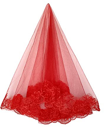 Hochzeitsschleier für Bräute, Frauen, Brautschleier, einfacher Tüll-Kathedralenschleier für Junggesellinnenabschied & Hochzeit, Junggesellinnenabschied W-V-1, Lang, rote Spitze, 1 Ebene, 150 cm,
