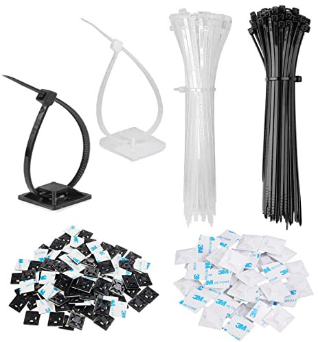TTYSHIP® 200 Pezzi Supporto Base per Fascette + 200 Pezzi Fascette Plastica, Fascette Stringicavo Adesivo per Gestione dei Cavi in ​​Casa e in Ufficio (Nero, Bianco)