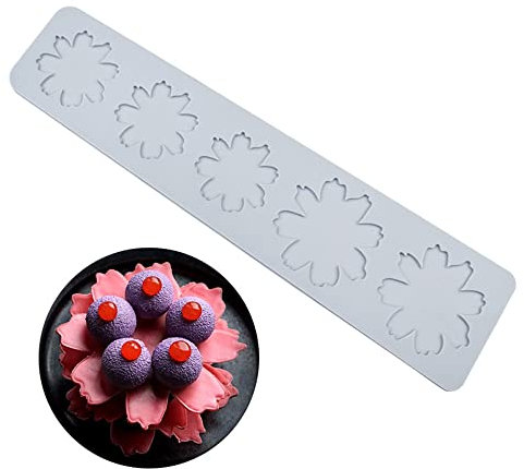 Molde de encaje de pastel, moldes de fondant de encaje de silicona, artesanía de azúcar Molde de impresión Pastel comestible Decoración de cocina molecular, 5 agujeros Flor de cerezo grande y pequeña