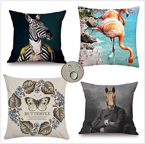 Wasserdichte Kissenbezugen 4 Stück 55x55cm Dekorative Outdoor Deko Kissen Kissenbezüge Stilvolles Dekorative Kissenhülle für Sofakissen Garten Outdoor Wohnzimmer Schlafzimmer, Zebra-Schmetterling