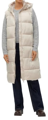 VERO MODA Damen 3/4-lange Steppweste VMLigaane mit Kapuze 10298757 Pumice Stone L