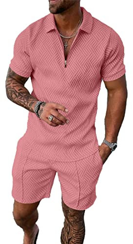 Survêtement d'été 2 pièces pour homme - Ensemble polo tendance décontracté à manches courtes et short, rose, Large