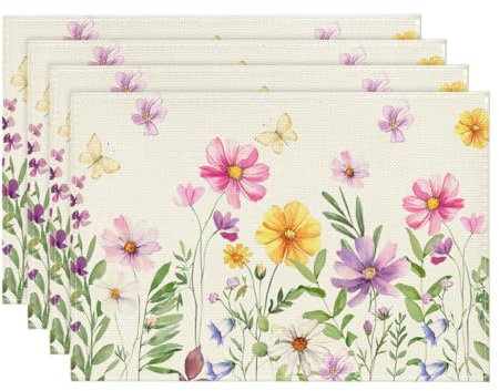 Artoid Mode Blumen Schmetterling Frühling Platzsets 4er Set, Saisonaler Sommer Küche Tisch Dekoration Drinnen Urlaub Party Dekor 30x45cm