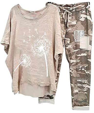 Briskorry Freizeitanzug Damen Zweiteiler Trainingsanzug 3/4 Arm Shirt Camouflage Lange Hosen Trendy Sommer Loungewear Große Größen Hausanzug Streetwear Anzüge Tracksuit