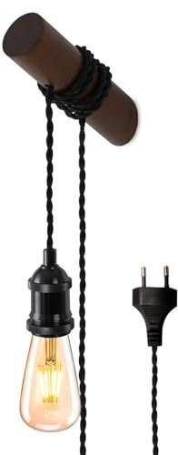 SHINY STAR Holz Industrie Stecker Wandleuchte,2,8m langes, Gedrehtes Geflochtenes Schwarzes Kabel, Magnet Wandleuchte mit Schalter in Reihe,E27 Lampenfassung,Passend für Wandleuchten -82304WPG