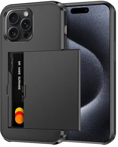 Coolden Handyhülle für iPhone 15 Pro Hülle Case mit Kartenfach Armor Stoßfest Hülle Silikon Weicher TPU Bumper Cover Heavy Duty Schutzhülle Brieftasche Etui Handyhülle für iPhone 15 Pro Schwarz