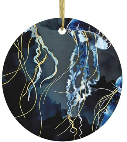 Blaue und goldene Qualle Print Personalisierte Weihnachtskugel, Keramik Runde Weihnachten Hängende Ornament, Weihnachtsbaumschmuck Für Freund Freundin Frau Xmas Geschenke
