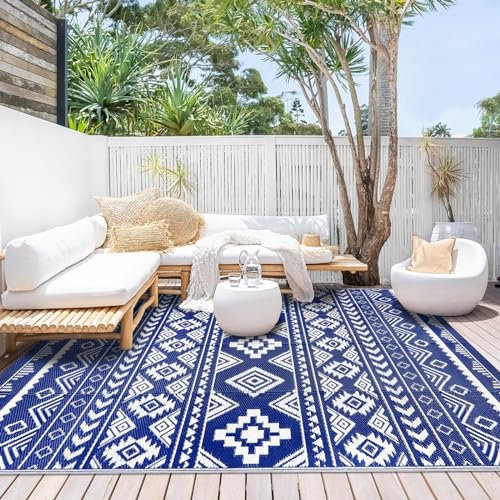 Famibay Outdoor Teppich Wetterfest Terrassenteppich Kunststoff Gartenteppich Wendbar Balkonteppich Faltbare Camping Teppich für Terrasse Garten Balkon Camping(Dunkelblau, 150 x 245 cm)