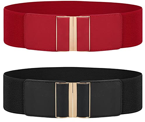 WERFORU 2 Stück Breiter Elastischer Gürtel für Damen Vintage Dehnbarer Breiter Taillengürtel für Kleider Schwarz/Rot