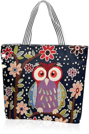 WisePoint Ästhetische Canvas Tote Bag mit Reißverschluss und Innentasche, Nette Umhängetasche für Frauen Einkaufen, Leinwand mit Tierdruck (Eule)