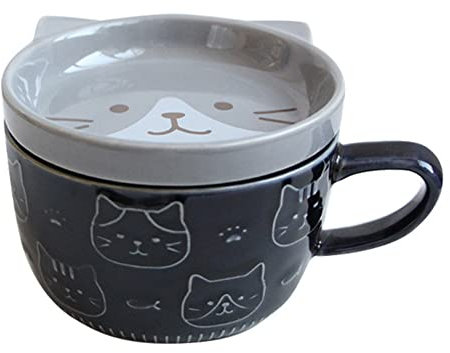 caapmony Tasses à café créatives en céramique avec Couvercle, Motif Chat Mignon, Tasses en Porcelaine, Famille, déjeuner, Lait, jus, Boisson (Bleu)