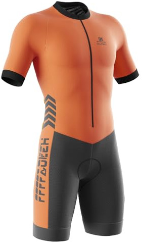 2024 Nuovi Tuta da triathlon da uomo, Ciclismo Body Skinsuit All'aperto Sportswear Abbigliamento Triathlon with Gel Pad per Nuoto/Corsa/Ciclismo, con imbottitura in gel (Arancia,M)