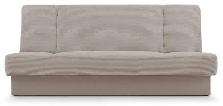 E-MEUBLES Sofa aus Cord mit Schlaffunktion und Bettkasten Schlafsofa Clic-Clack Couch für Wohnzimmer Federkern Sofagarnitur Polstersofa Cordstoff 192x85x92cm - Cyprus New (Beige (Poso 02 + Paros 02))