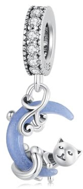 Leuchtender Mond-Katze-Anhänger-Charm aus 925er-Sterlingsilber, passend für Pandora-Armband-Halskette, SCC2747