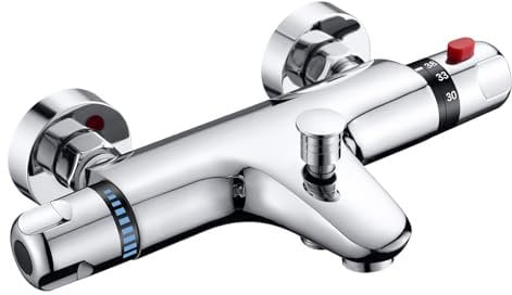 ROWINNAO Mitigeur Thermostatique Douche/Bain, Mitigeur Baignoire Thermostatique en Laiton avec Bouton de Sécurité à 38℃, Mural Robinet de Douche avec 2 Sorties d'eau, Entraxe 150mm, Chromé
