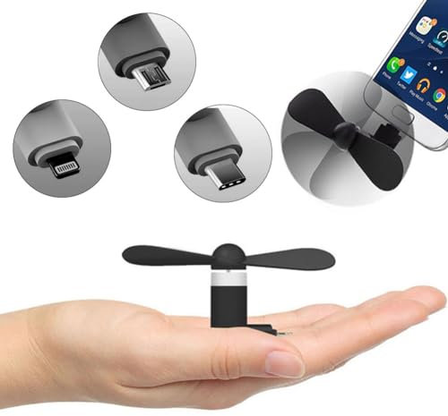 Comioke Mini Phone Fan, USB-Ventilatoren, 3-in-1 Handy-Ventilator, Kompatibel mit i-P-hone/i-P-ad/Android-Smartphone/Tablet, Micro-USB/Typ C/Lightning-Port-Ventilator, Mini-Handy-Ventilator