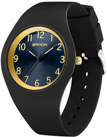 Montre Étanche pour Femme - Montre de Sport avec Cadran Large et Bracelet en Silicone Souple - Pour Adolescentes et Infirmières (Noir/doré)