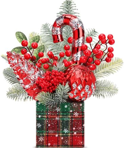 Hatisan Kleine Weihnachtsbäume, künstlicher Mini-Weihnachtsbaumschmuck mit Weihnachtsschmuck, für Zuhause, Party, Erntedankfest, Weihnachtsdekoration, Rot - Indoor (große Krücke, quadratisch)