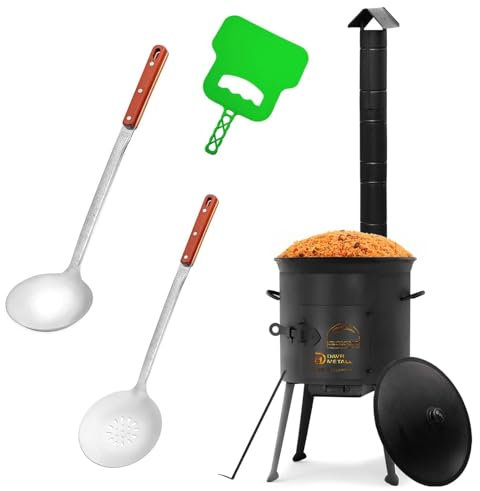 Ø36cm Uchag 2mm stahl mit Abzugsrohr Utschak Utschag Feldküche 12L Kazan Kasan (flacher boden) Feuerstelle Campingofen Außenküche Eintopfofen mit Schaumkelle Suppenkelle Grillfächer