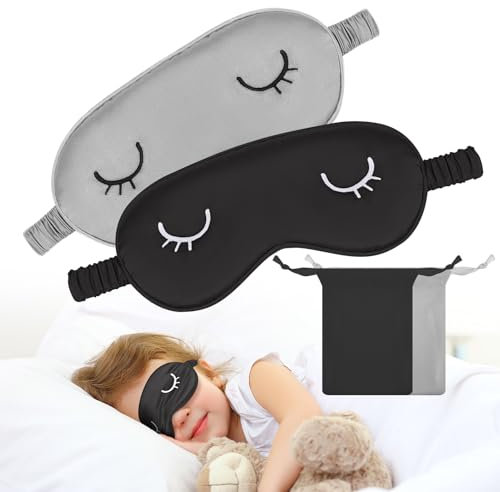 2 Stücke Schlafmaske Seide Kinder Augenmaske Schlafmaske Sleeping Mask, Schlafbrille Damen Schlafmaske Frauen Herren Licht Blockierende Nachtmaske Mit Aufbewahrungstasche(Schwarz Grau Small)