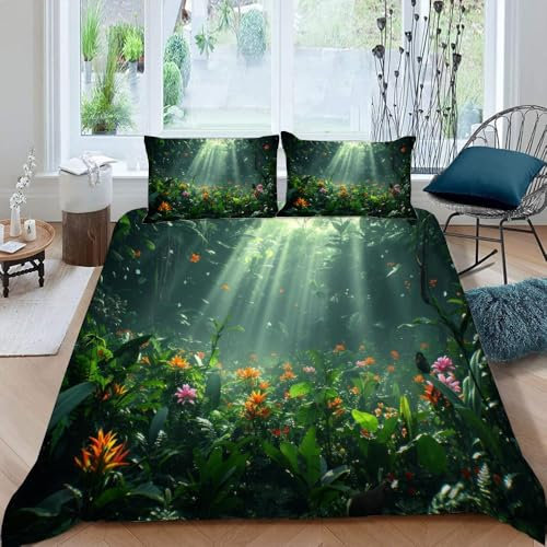 VULORA Bettwäsche 135x200 Tropenwald Bettbezug mit Reißverschluss 100% Mikrofaser Bettwäsche-Sets für Junge Mädchen 3D Druck Grün Kinderbettwäsche mit 2 Kissenbezüge 80x80cm Sommer A308