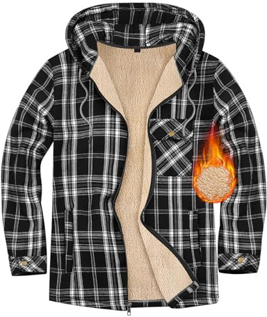 Xnova Camicia Flanella Uomo Manica Lunga a Quadri Casual Zip Felpa Giacca con Cappuccio Fodera in Pile Caldo Cappotto Camicia Imbottita Hoodies Sweatshirt con Tasche Invernale Autunno (Nero, XL)