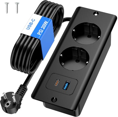 Airmom Einbau Steckdosenleiste mit USB C Schwarz, Einbau Tischsteckdose mit USB C PD 20W und USB Anschlüssen, 1,8m Kabel