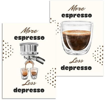 WBdesignz 2er Poster Set - Wandbilder für Küche Kaffeeliebhaber More Espresso, Less depresso Siebträger Ermutigungsgeschenk Einrichtung Renovierung Deko Kunstdruck (30 x 40 cm, ohne Rahmen)