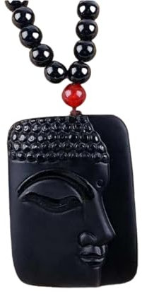Heilsteine Kette.Halskette Mit Kristallanhänger.Halskette Aus Obsidianstein Mit Buddhistischer Perlenkette.Handgeschnitztes Amulett Aus Natürlichem Obsidian.Halbgesicht-Buddha-Halskette.Geschenke