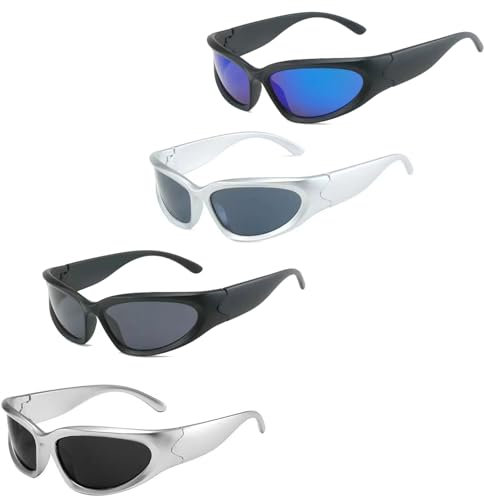 YQBFTC Y2K Cycling Glasses for Men Women,4Pcs Stylish Polarised Oval Running Sunglasses,Wrap Around Sports Sunglasses,UV400 Protection Fashionable Futuristic Oval Sun Glasses for Running Cycling