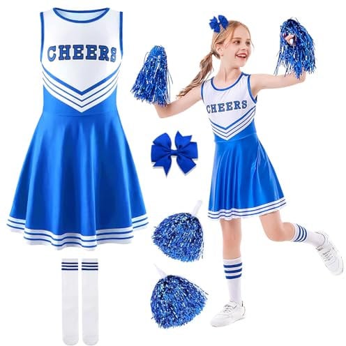 Ronronner Cheerleader Kostüm Kinder, Cheerleader Kostüm, Cheerleader, Cheerleader Kostüm Damen, Cheerleading Uniform Kleid mit Socken und Kopfschmuck für Karneval, Fasching, Mottoparty (Blue, 120)