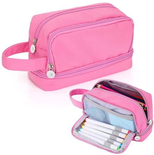 Alyvisun Federmäppchen Große Kapazität Mäppchen Etui Stifte mit 3 Fächern für Jungen und Mädchen, Robuste Schreibwaren Organizer Pencil Case mit Tragegriff für Schule und Büro (Rosa)