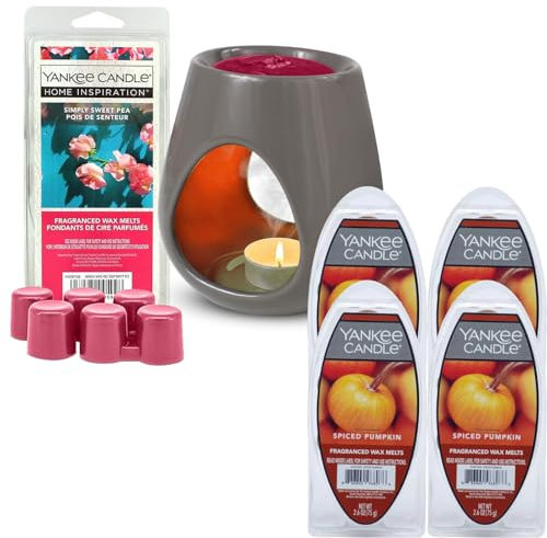 Yankee Candle Ceramic Wax Melts Warmer with Gift Box kit, Sweet Pea 75g + 4x Spiced Pumpkin 75g